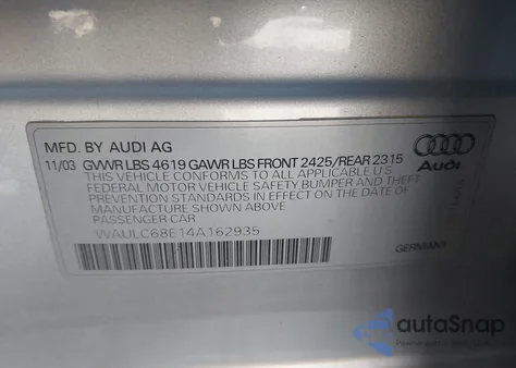 2004 Audi A4 1.8T from USA, damaged, VIN WAULC68E14A162935